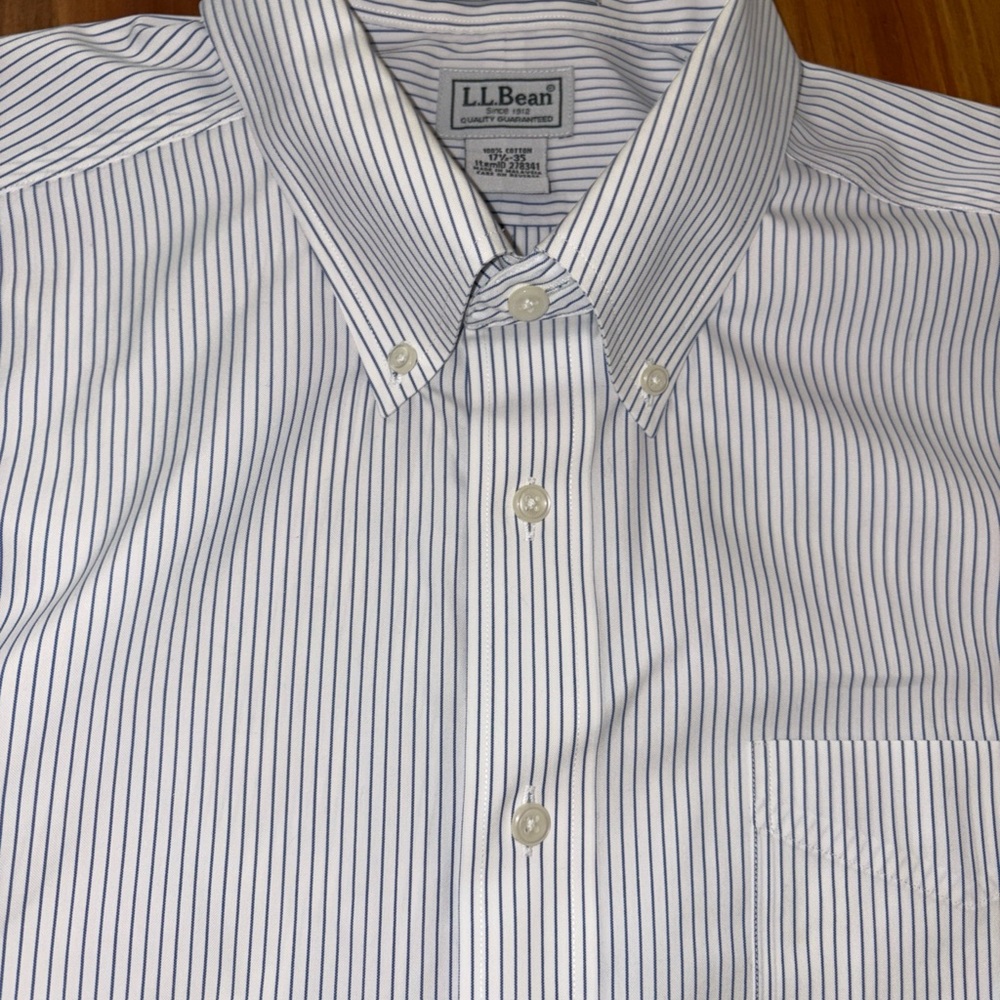 L.L. Bean Men's White Shirt with Navy Pinstripes